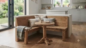 L-shaped corner wooden dining bench fitted into a cosy kitchen breakfast nook next to a rectangular table