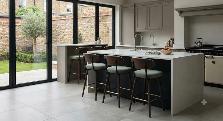 Comparison of counter height stools and bar height stools placed at a kitchen island and breakfast bar in a modern British home. counter height stools vs bar height stools