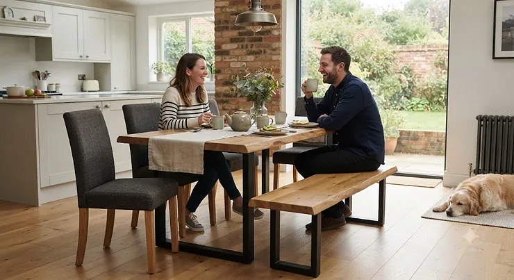 A modern dining bench and chair set combination styled around a solid oak table in a bright British kitchen-diner. dining bench and chair set combination