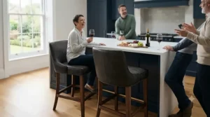 People socialising around a kitchen breakfast bar seated on comfortable vintage-style leather counter stools.