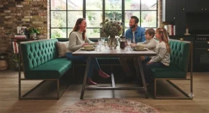 Modern oak extendable dining table accompanied by a matching best dining bench for open-plan living
