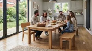 Large extendable wooden kitchen table accompanied by a matching long wooden dining bench for hosting guests