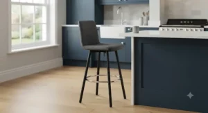 Classic fixed-height bar stool with dark grey fabric upholstery and solid oak wooden legs positioned by a kitchen worktop.