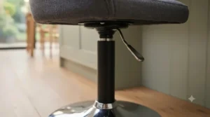 Close-up of the gas-lift mechanism and height-adjustable lever on a chrome swivel bar stool