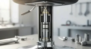 Cross-section technical view highlighting the internal gas cylinder and hydraulic piston mechanism of an adjustable bar stool.