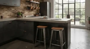 Industrial-style metal backless bar stools positioned against an exposed brick kitchen wall