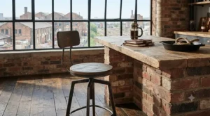 Industrial-style metal swivel bar stools with wooden seats in an open-plan apartment