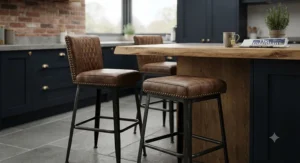 Industrial-style distressed brown leather bar stools with dark iron frames styled for a modern townhouse kitchen.