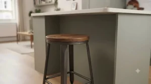 Industrial oak and metal breakfast bar stools suited for urban small kitchen breakfast bars.