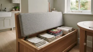 Wooden dining bench with the seat lifted, revealing hidden storage space for table linens and children's toys.