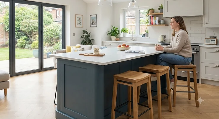 Contemporary kitchen island setup featuring stylish backless bar stools in a modern British open-plan home backless bar stools