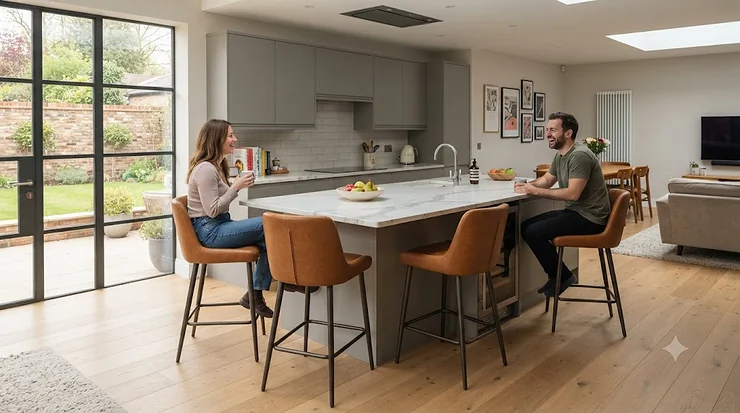 Modern tan leather bar stools tucked neatly under a contemporary quartz kitchen island in a British open-plan home. leather bar stools