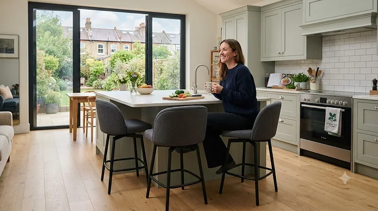 Modern swivel bar stools tucked under a contemporary kitchen island in a British home swivel bar stools