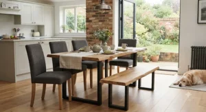 A contemporary wooden dining bench and chair set combination positioned neatly beside a family dining table.
