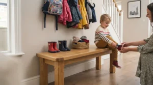 A versatile children's wooden bench being used as a hallway seat for putting on shoes.
