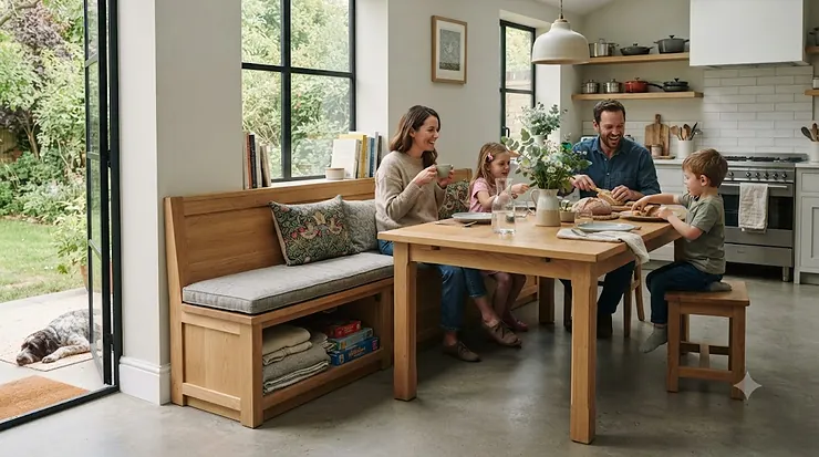 Solid oak storage dining bench in a modern British kitchen diner, featuring grey upholstered seating and a wooden dining table. storage dining bench