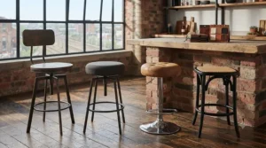 Selection of fabric and faux leather swivel bar stools in various interior colourways