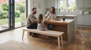 Scandinavian-inspired light ash wooden dining bench positioned next to a minimalist kitchen table
