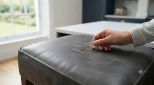 Close-up view of a hand lightly running a key across the durable, dark grey leather seat of a bar stool, showing no visible damage.