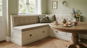 Shaker-style painted storage dining bench in a country cottage dining room, matched with traditional wooden dining chairs.