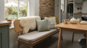 Slim-profile dining bench showing compact dimensions tailored for narrow kitchen layouts.