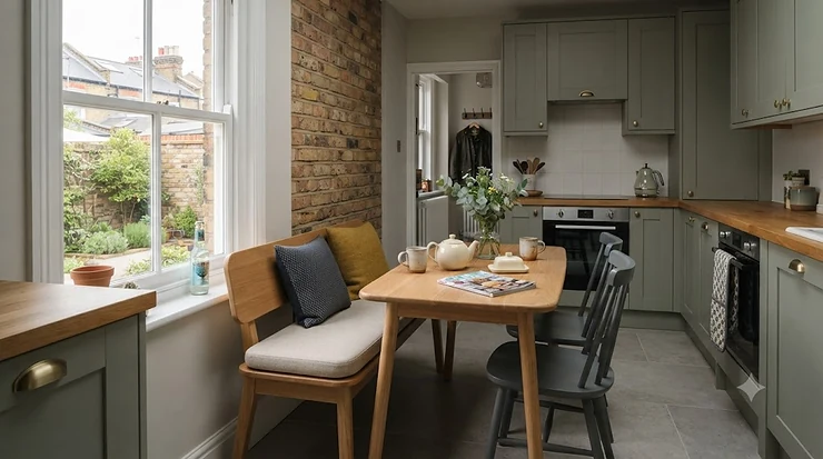A stylish small dining bench tucked neatly into a compact modern kitchen, ideal for narrow spaces. small dining bench for narrow kitchen