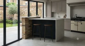 Space-saving backless counter stools tucked neatly underneath a small kitchen breakfast bar.