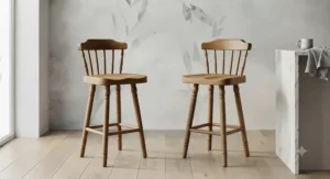 Traditional pale oak wooden kitchen counter stools with slats and integrated back support.