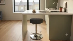 Space-saving backless swivel bar stools neatly tucked beneath a small kitchen counter