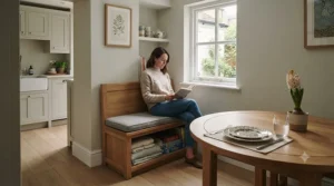 Compact storage dining bench tucked against a wall, maximising floor space in a small dining room.