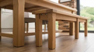 Low-profile, sturdy legs on a stable dining bench designed for young children.