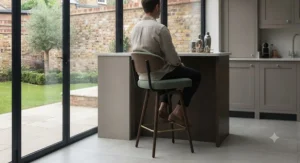 Ergonomic swivel bar height stool featuring a comfortable backrest and footrest for everyday kitchen use.