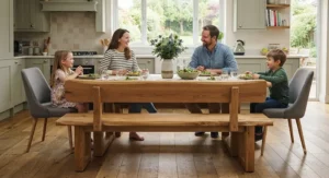 Compact grey fabric best dining bench tucked neatly under a wooden breakfast table to save floor space