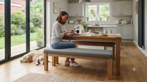 Upholstered grey fabric wooden dining bench paired with a rustic oak kitchen table