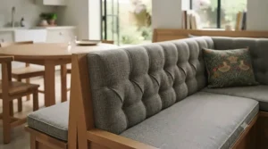 Close-up of a grey velvet upholstered storage dining bench, highlighting the button-tufted backrest and comfortable seating.