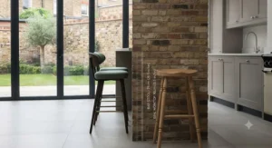 Side-by-side comparison of fabric upholstered counter stools and solid oak wooden bar stools for British dining spaces.