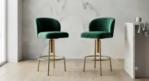 Emerald green velvet swivel bar stools with high backs and a brushed brass footrest base.