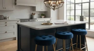 Luxury velvet upholstered backless counter stools with brass-finish legs around a marble island