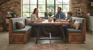 Traditional pine best dining bench featuring lift-up under-seat storage in a country cottage dining room