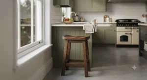 Traditional rustic wooden fixed-height bar stool showcasing craftsmanship and durable construction in a country-style kitchen.