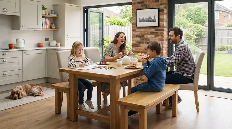A wooden dining bench for kids styled next to a family dining table in a modern British home. dining bench for kids