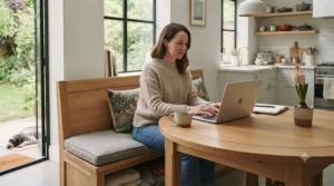 Woman working on a laptop at a dining table, sitting on a comfortable storage dining bench with a cup of tea.