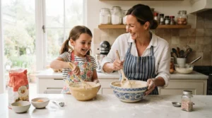A parent helping a child bake, seated on versatile adjustable height bar stools for kitchen island.