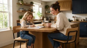 Children and adults sharing space using adjustable height bar stools for kitchen island during after-school snack time.