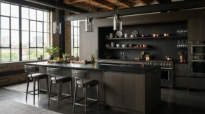 Minimalist interior design highlighting elegant adjustable height bar stools for kitchen island against dark cabinetry.