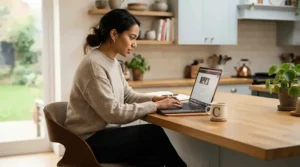 Demonstrating ergonomic comfort with adjustable height bar stools for kitchen island during home working and laptop use.