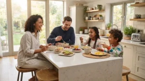 A bustling family enjoying breakfast together seated on adjustable height bar stools for kitchen island in a modern townhouse.