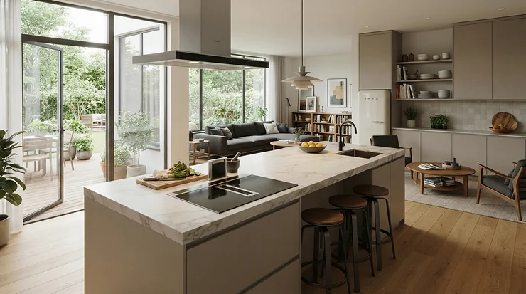 An open-plan living space featuring stylish adjustable height bar stools for kitchen island to maximise floor space.