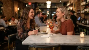 Friends chatting over drinks, comfortably seated on adjustable height bar stools for kitchen island in a modern flat.