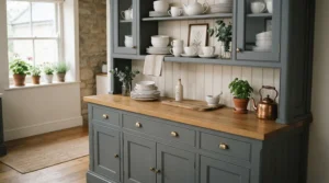 A stylish grey finish making this a contender for the best welsh dressers UK modern farmhouse look.